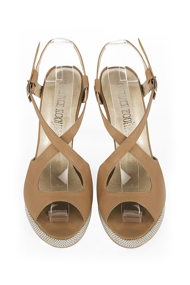 Camel beige women's open back sandals, with crossed straps. Round toe. Very high slim heel with a platform at the front. Top view - Florence KOOIJMAN